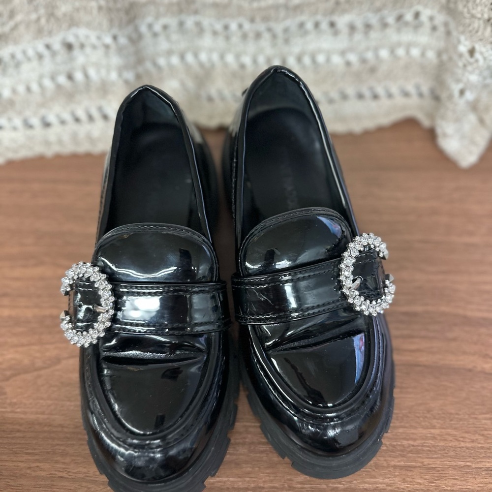 Steve Madden Hailey Chunky Heel Black vegan Patent Bling Buckle size 13 - Picture 8 of 10